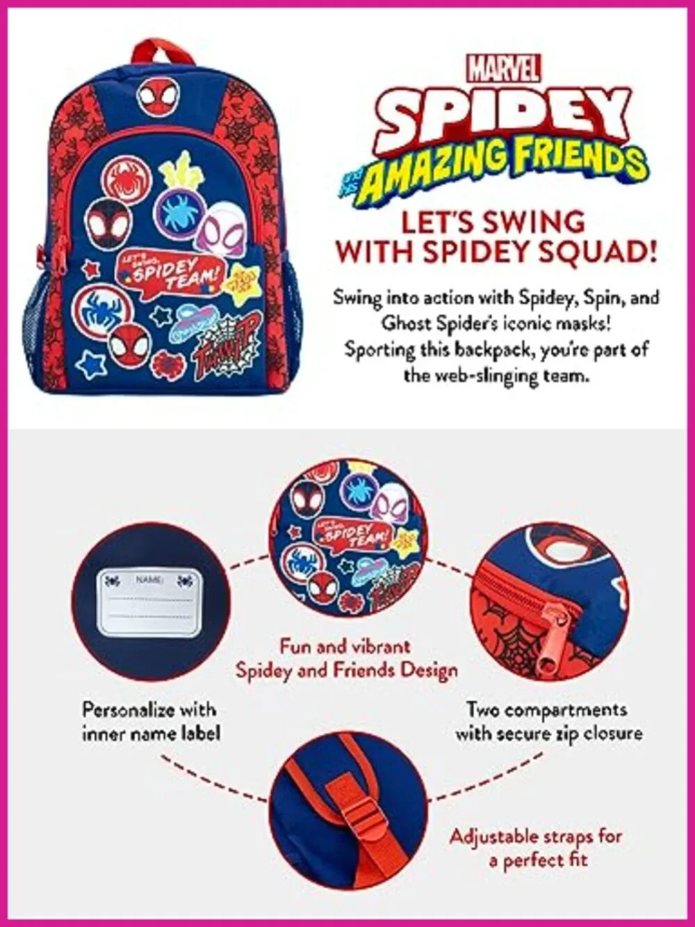 Kids Spiderman Backpack School Bag Adjustable Straps Side Pockets